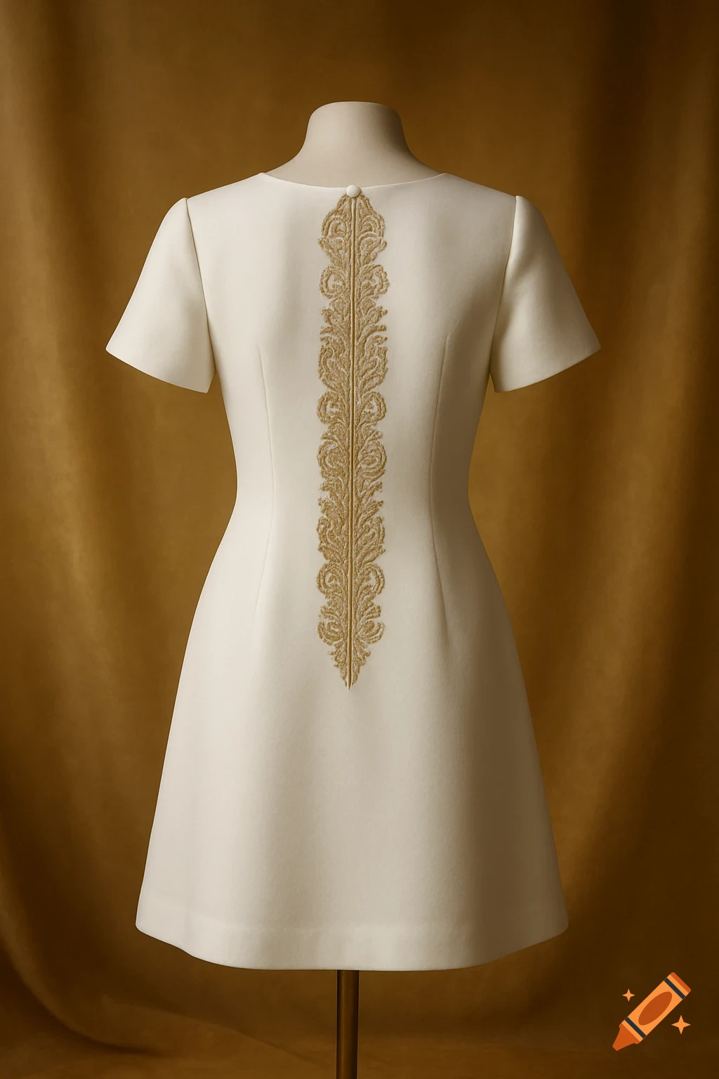 Elegant short white dress with intricate gold embroidery on the back, displayed on a mannequin.