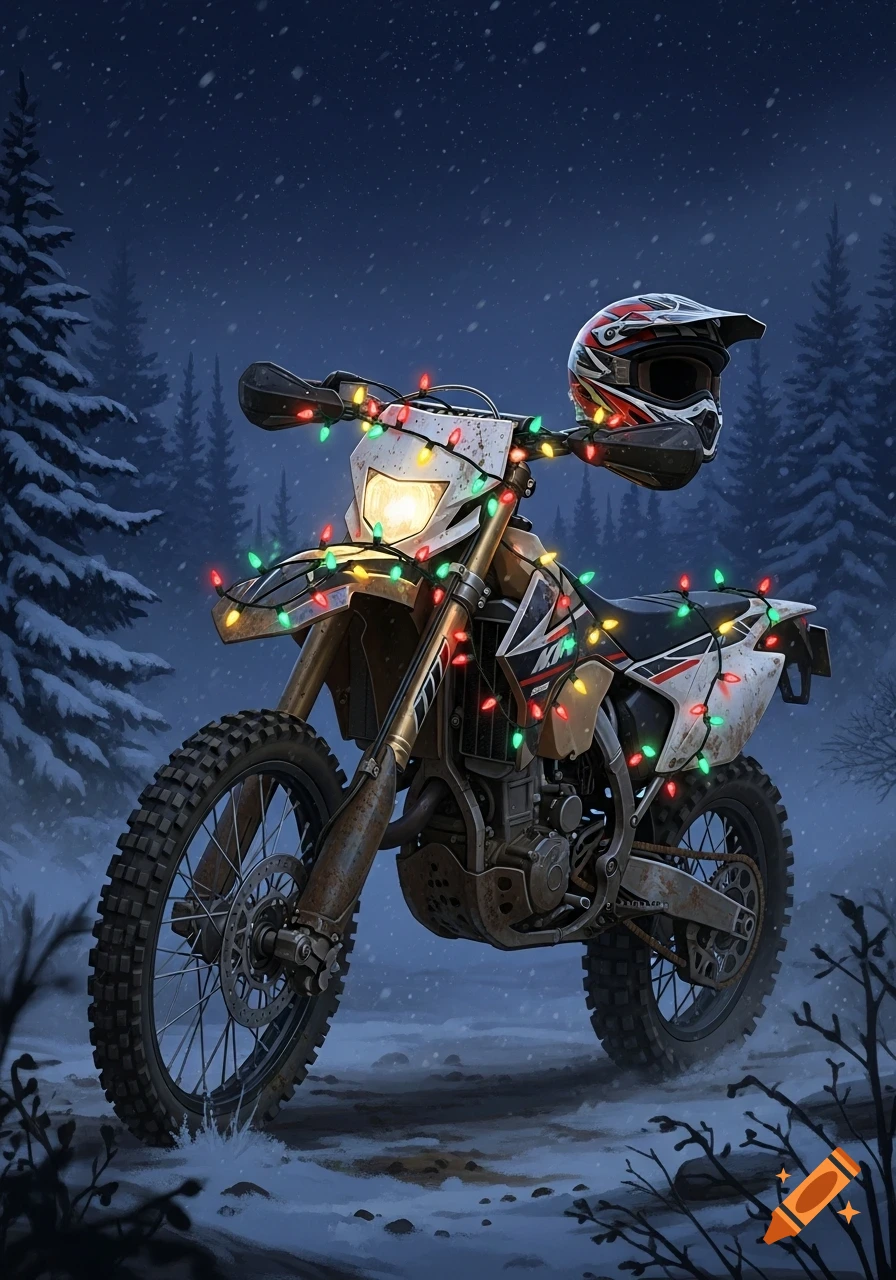 Photorealistic dirt bike adorned with colorful Christmas lights in a snowy forest at night.