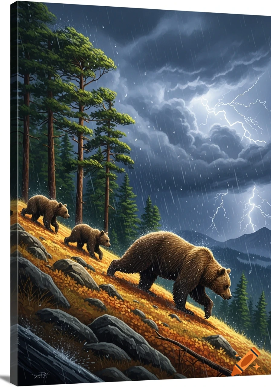 A mother bear and two cubs walk uphill through a forest during a rainstorm with lightning, in a painted style.