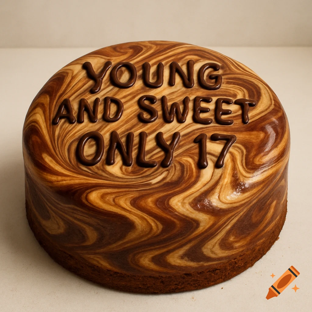 A round marble cake with light and dark brown swirls, topped with chocolate text reading 'YOUNG AND SWEET ONLY 17'.