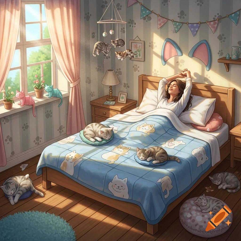 A woman stretches awake in a sunlit bedroom filled with numerous sleeping cats on the bed and floor, in a cozy illustration style.