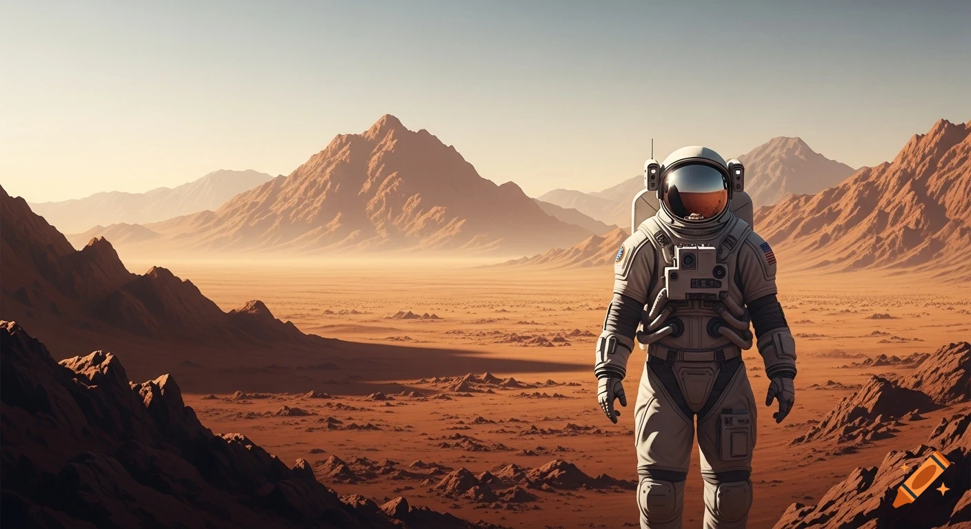 A solitary astronaut in a detailed white suit stands on a vast, reddish Martian desert with towering mountains under a pale sky.