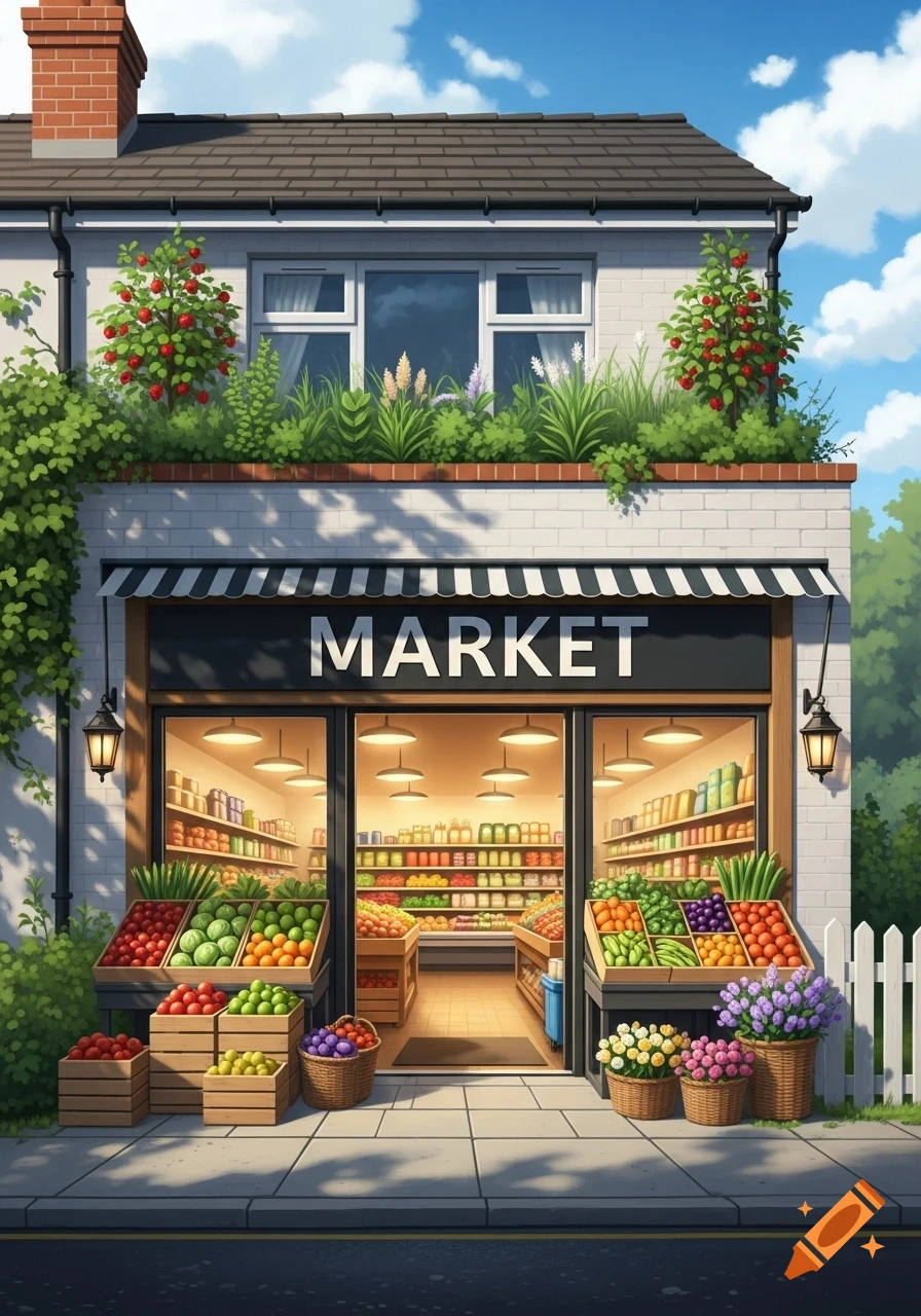 A charming, cartoon-style grocery store with a prominent 'MARKET' sign and fresh produce displayed outside.