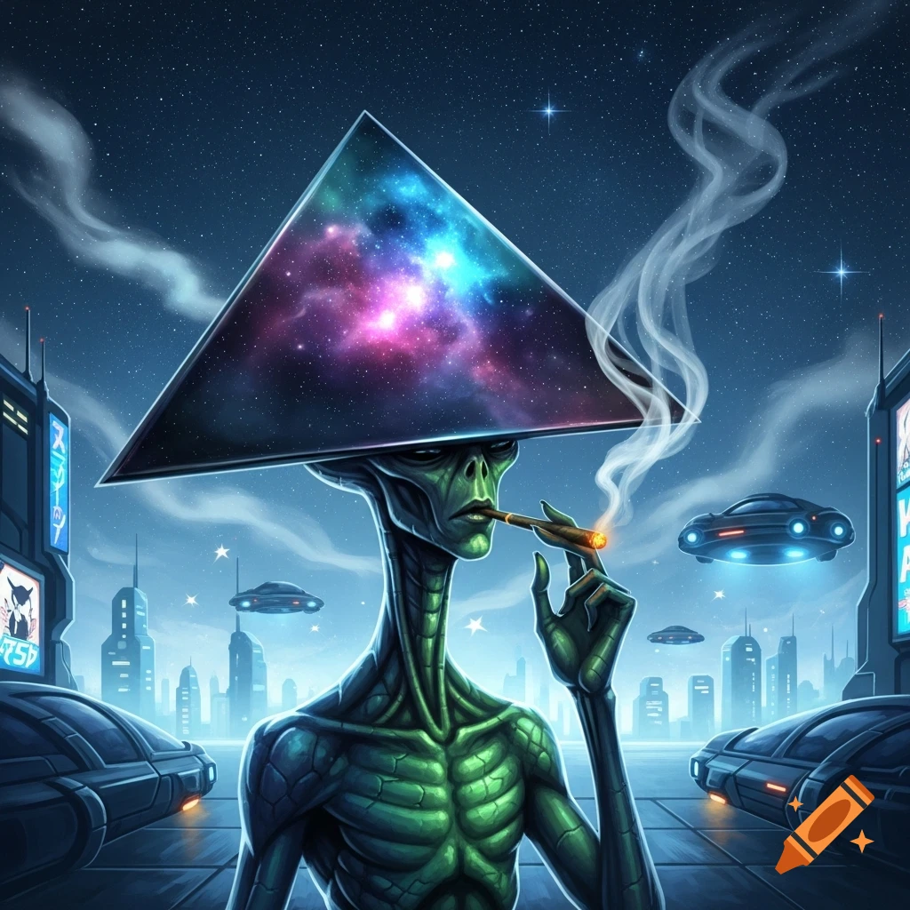 A green alien in a futuristic city smokes a cigar, wearing a large triangular hat displaying a galaxy under a starry sky.