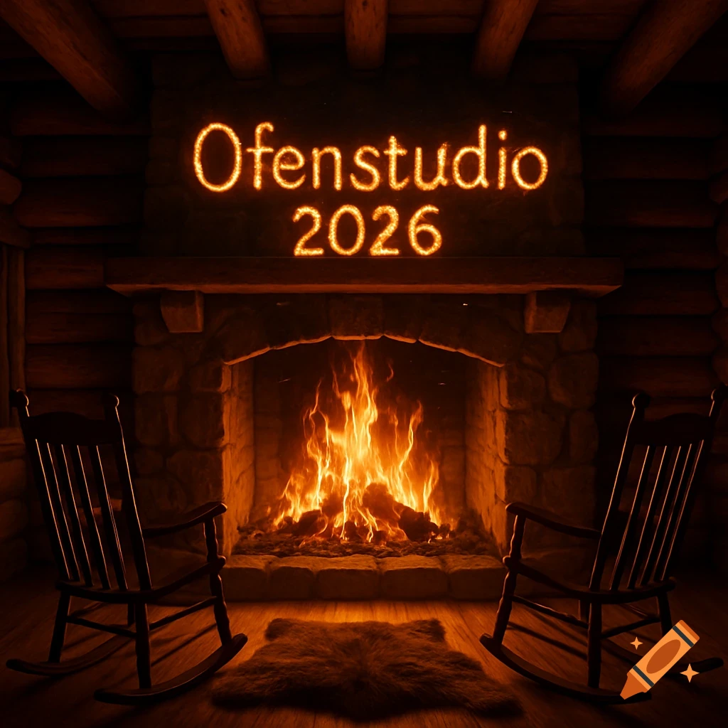 A cozy cabin interior with a stone fireplace, roaring fire, two rocking chairs, and "Ofenstudio 2026" text glowing above.