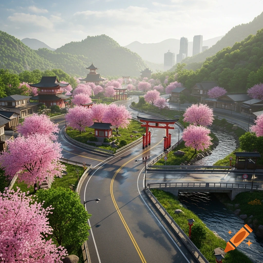 Aerial view of a picturesque Japanese landscape with winding roads, traditional temples, red torii gates, and vibrant pink cherry blossoms.