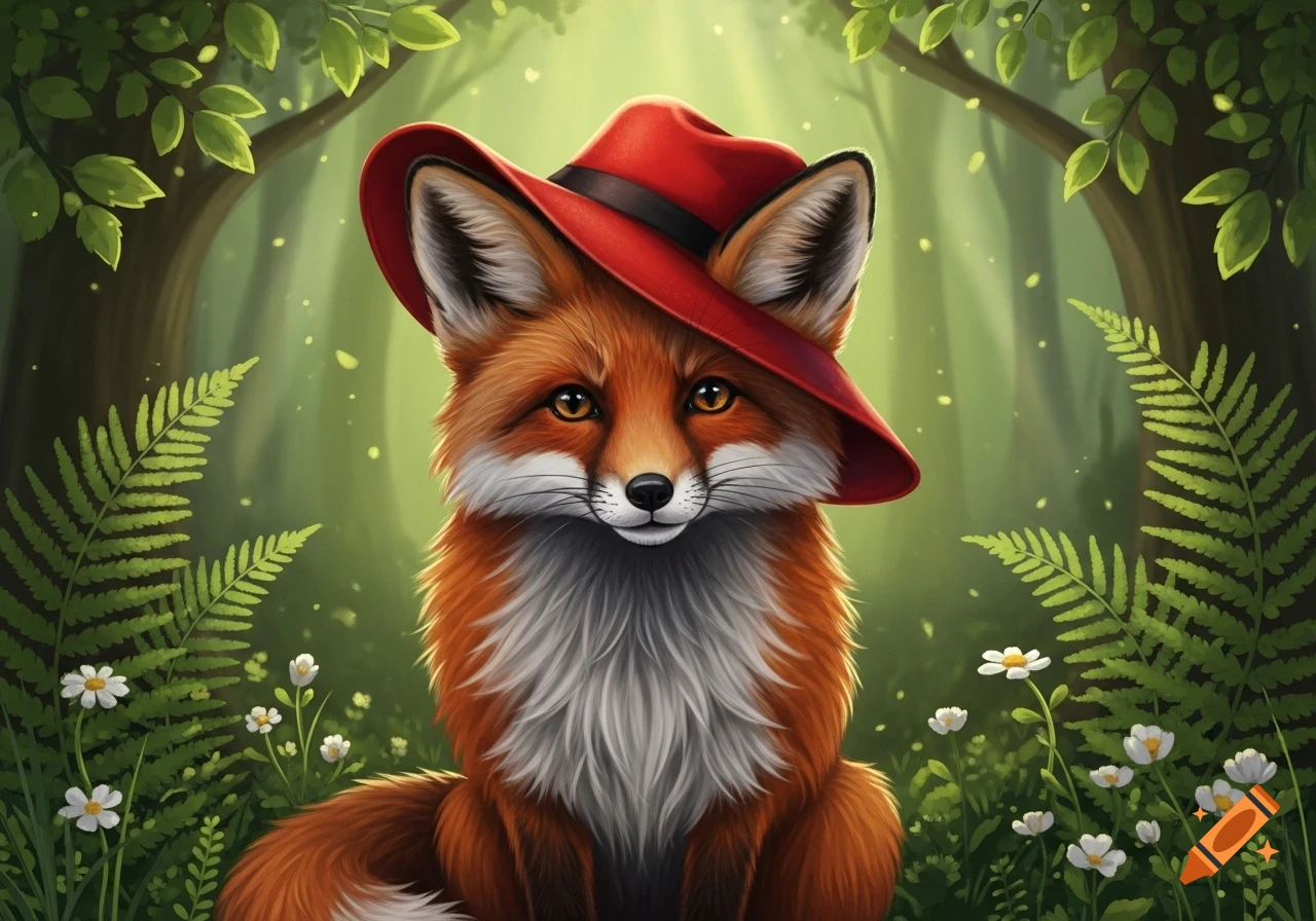 An illustrated fox wearing a red hat sits in a lush forest filled with ferns and small white flowers.