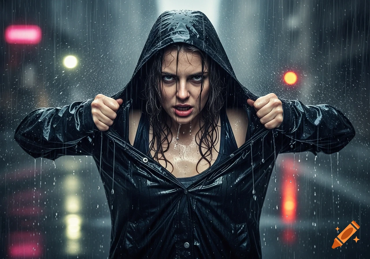 A determined young woman pulling open her wet black rain jacket in a rainy urban setting, photorealistic style.