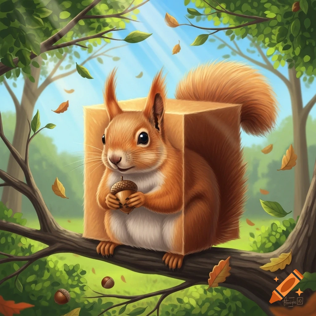 A cute, orange cuboid squirrel holds an acorn on a tree branch in a sunny, stylized forest with falling autumn leaves.