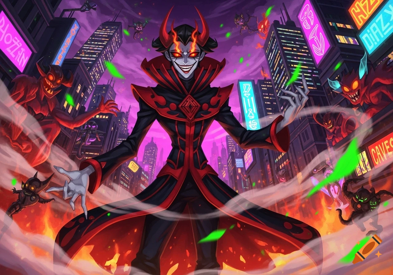 A stylized demonic overlord with glowing eyes and horns stands in a fiery, neon-lit cityscape surrounded by smaller demons and smoke.
