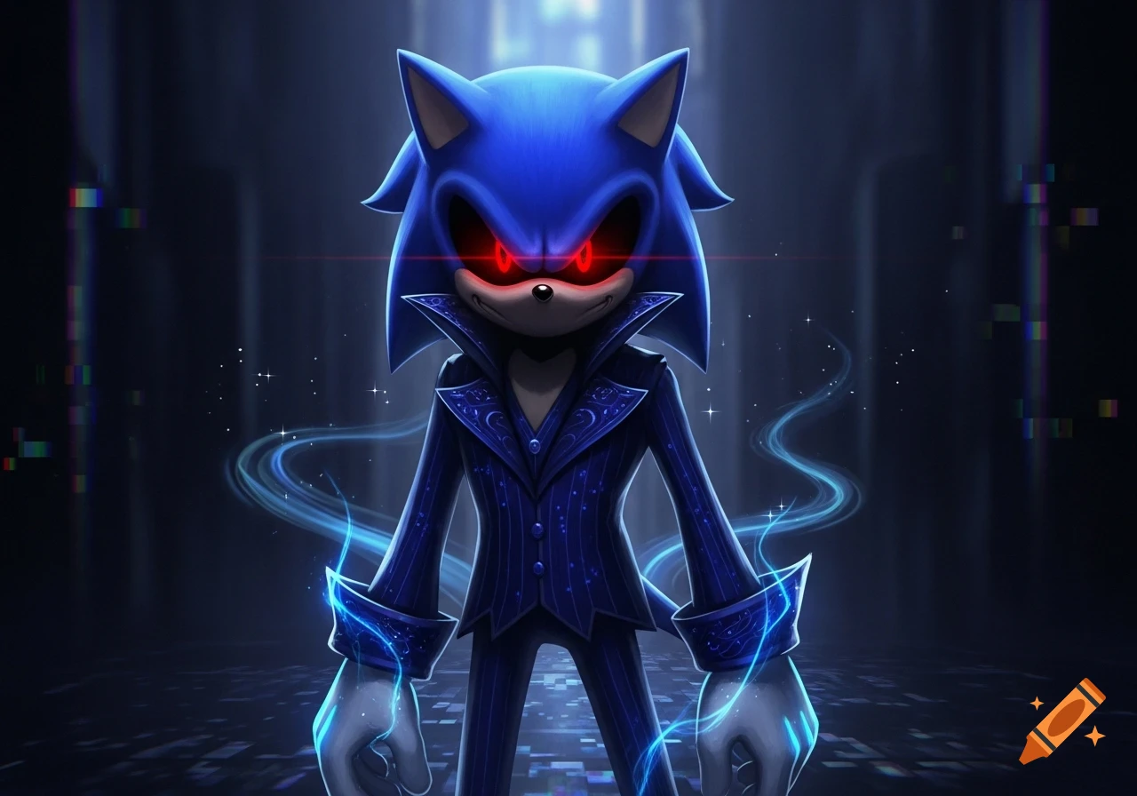 Sonic.exe in a dark blue suit with glowing red eyes, standing in a glitchy, dark environment with electric blue energy.
