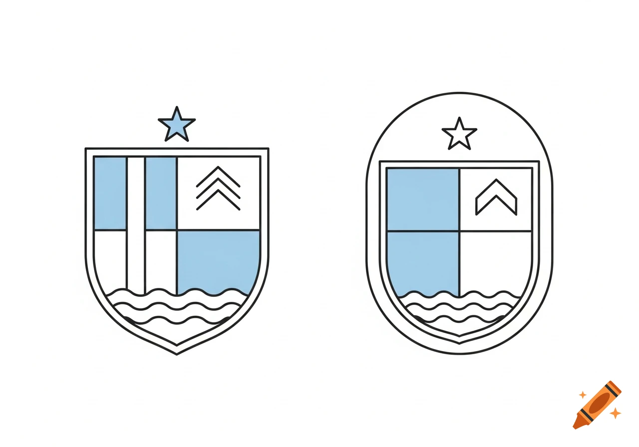 Two minimalist vector emblems, one shield-shaped and one oval, with a star, light blue and white sections, stripes, a chevron, and wave lines.