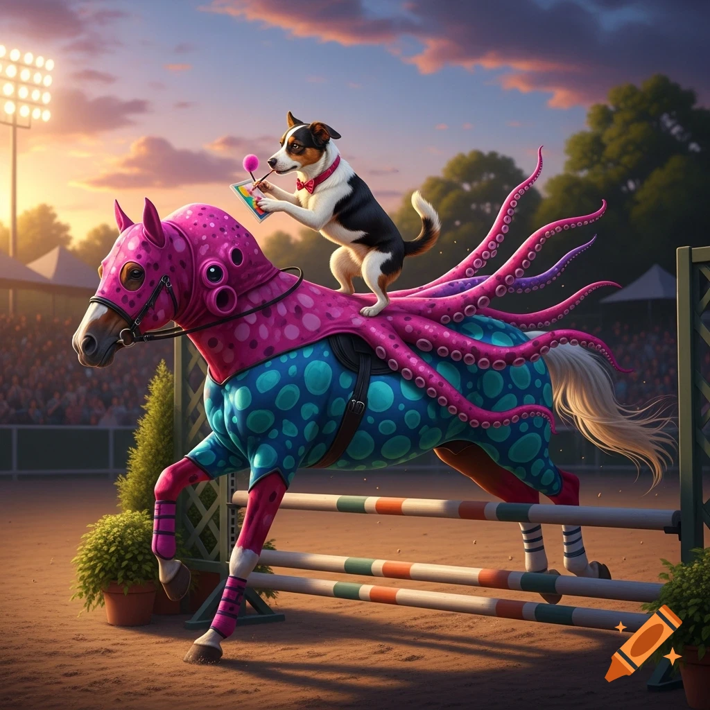 A small dog in a bow tie rides a horse wearing a pink and blue octopus costume, jumping a hurdle at a sunset equestrian event.