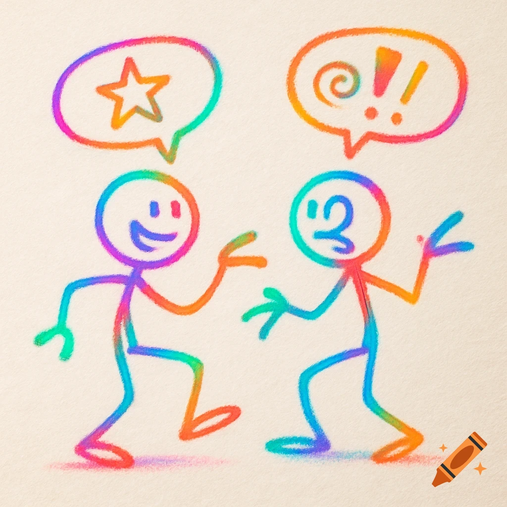 Two vibrant, crayon-drawn stick figures converse, one with a star speech bubble, the other with exclamation points.