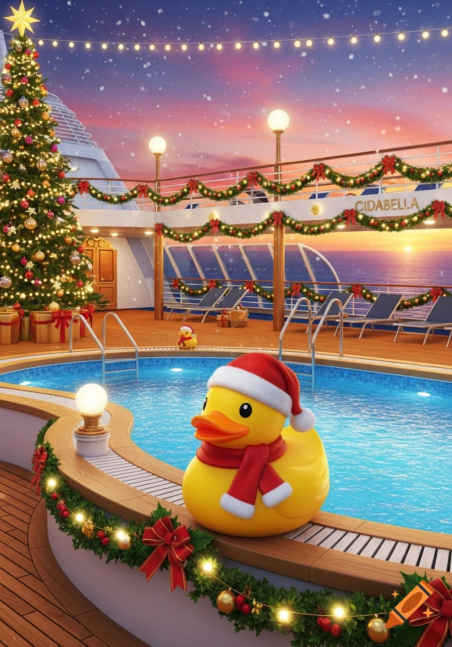 A large rubber duck in a Santa hat and scarf sits by a swimming pool on a Christmas-decorated cruise ship at sunset.