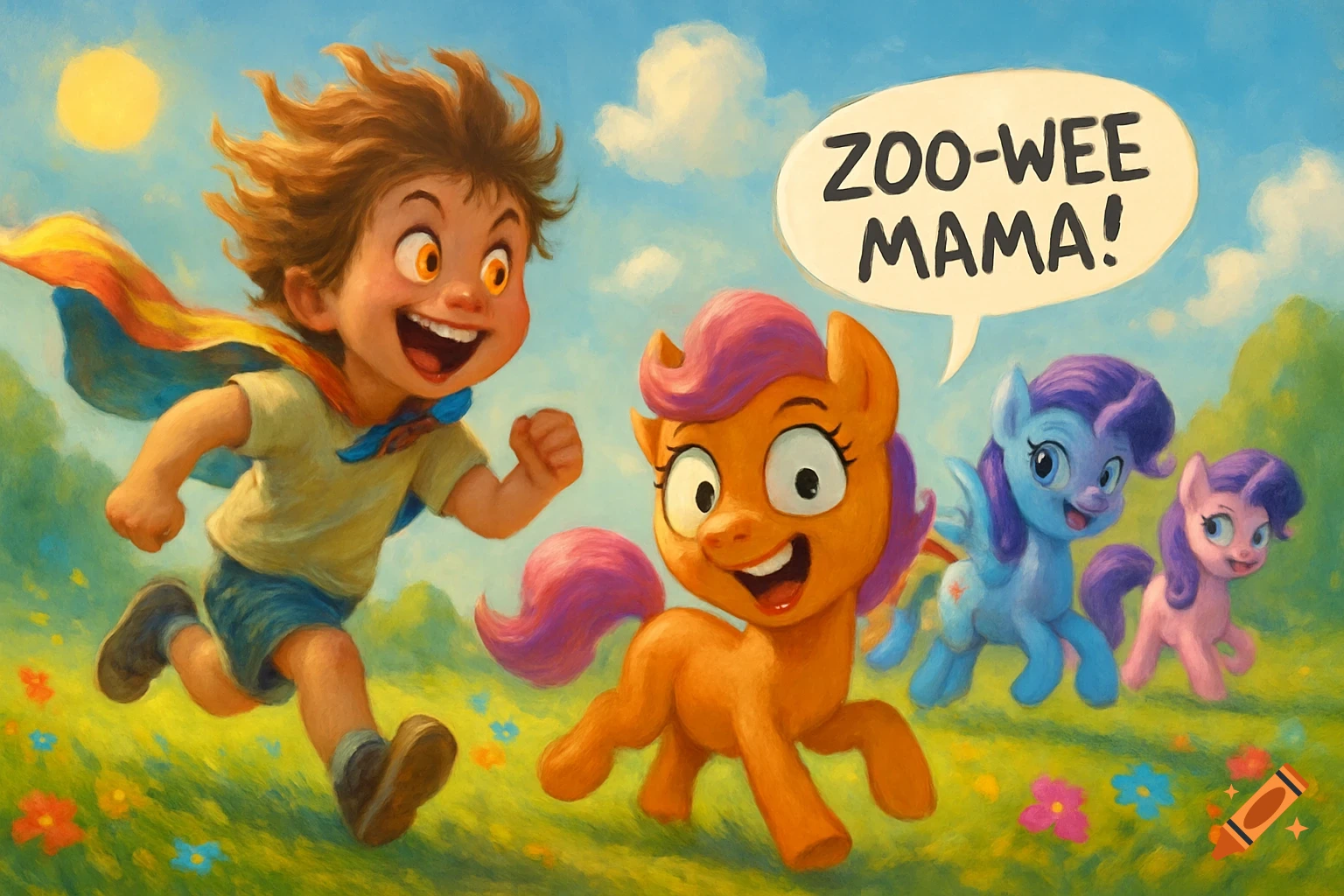 A cartoon boy in a cape runs after smiling My Little Pony characters in a sunny field. A speech bubble reads 'ZOO-WEE MAMA!'.