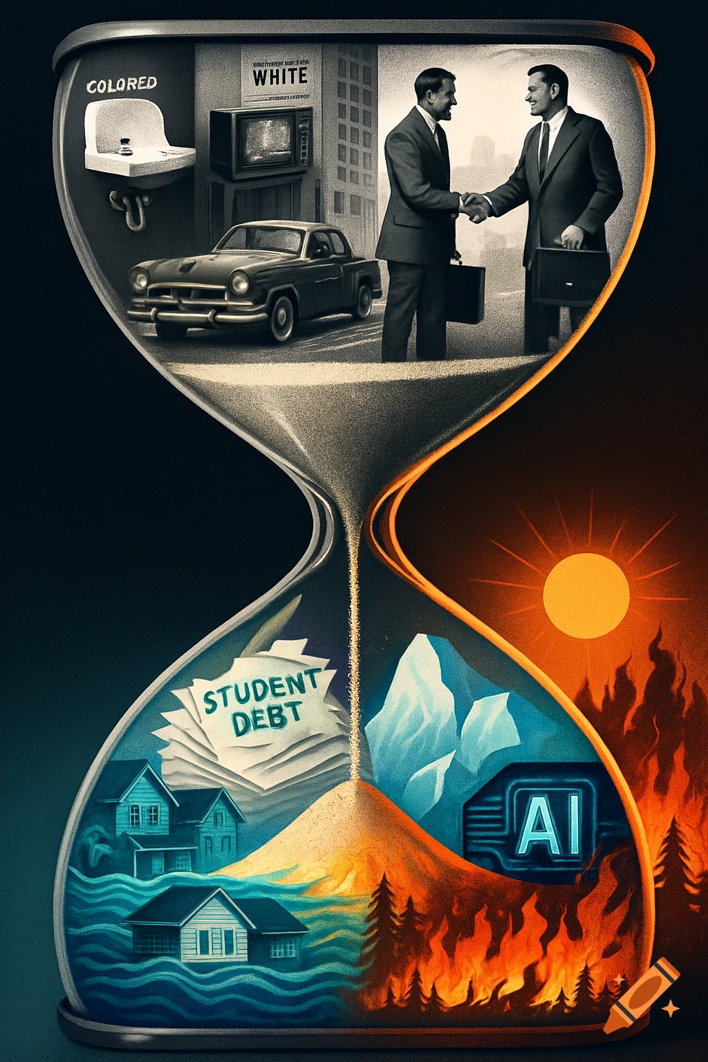 An hourglass depicting historical segregation in black and white on top, transitioning to modern crises like student debt, floods, melting glaciers, AI, and wildfires in color at the bottom.