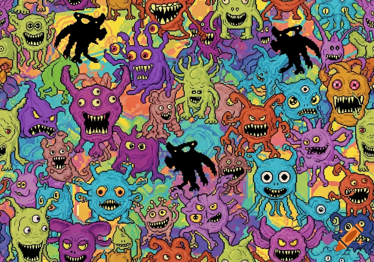 A continuous, vibrant 16-bit pixel art pattern featuring numerous colorful, creepy monsters with sharp teeth, multiple eyes, and tentacles.