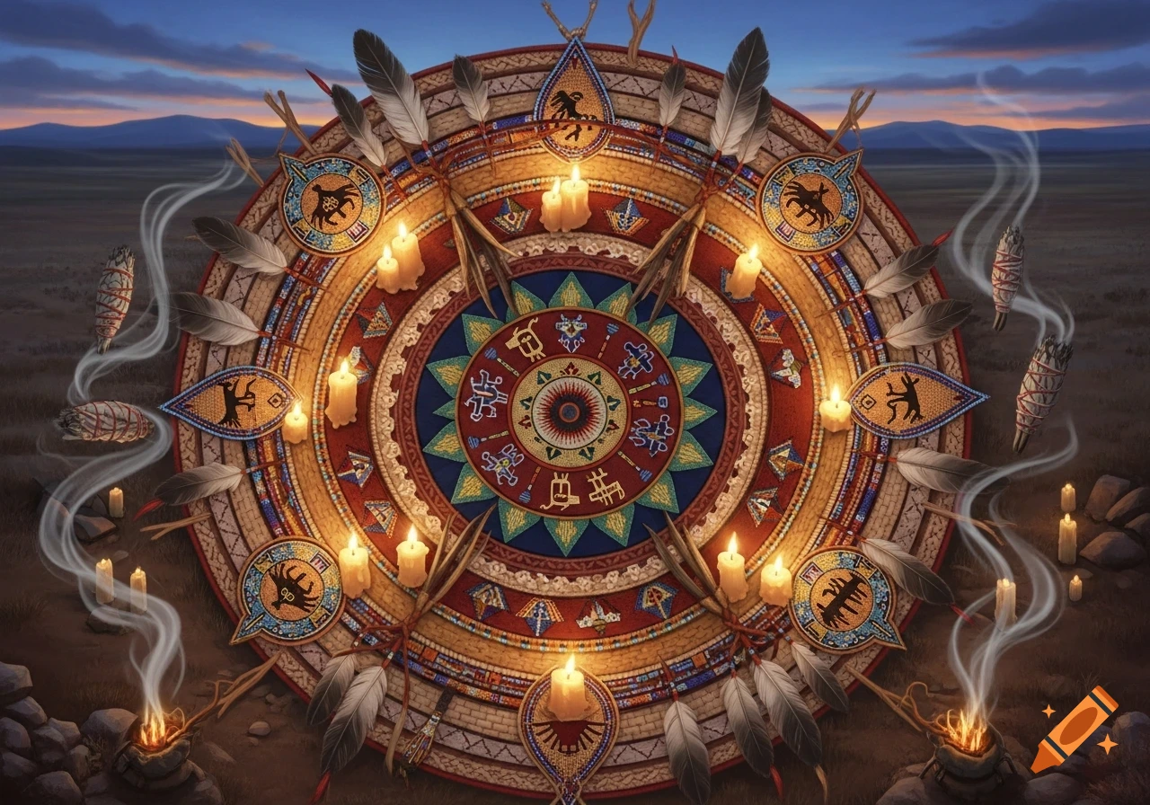 Colorful intricate Native American-inspired mandala with feathers, candles, and smoking sage bundles against a dusk landscape.