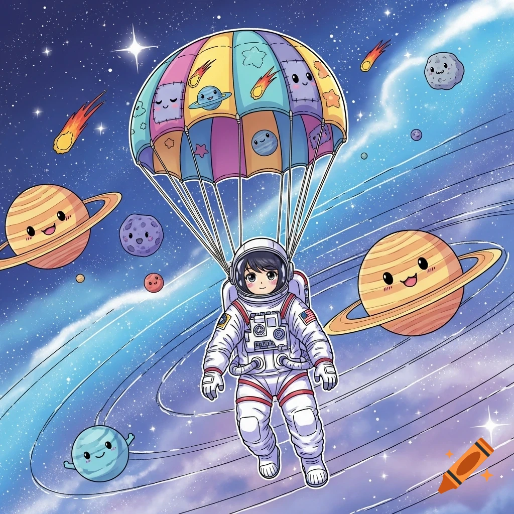 A cute manga-style astronaut floats in space with a colorful, smiling parachute among smiling cartoon planets and stars.