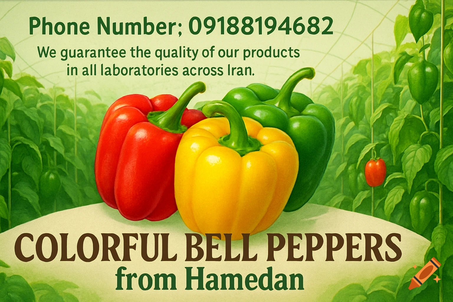 An advertisement banner for colorful bell peppers from Hamedan, showing red, yellow, and green peppers in a greenhouse with contact info.