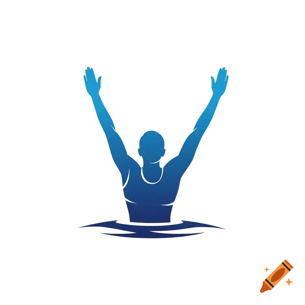 A blue silhouette icon of a person with raised arms, chest deep in stylized water.