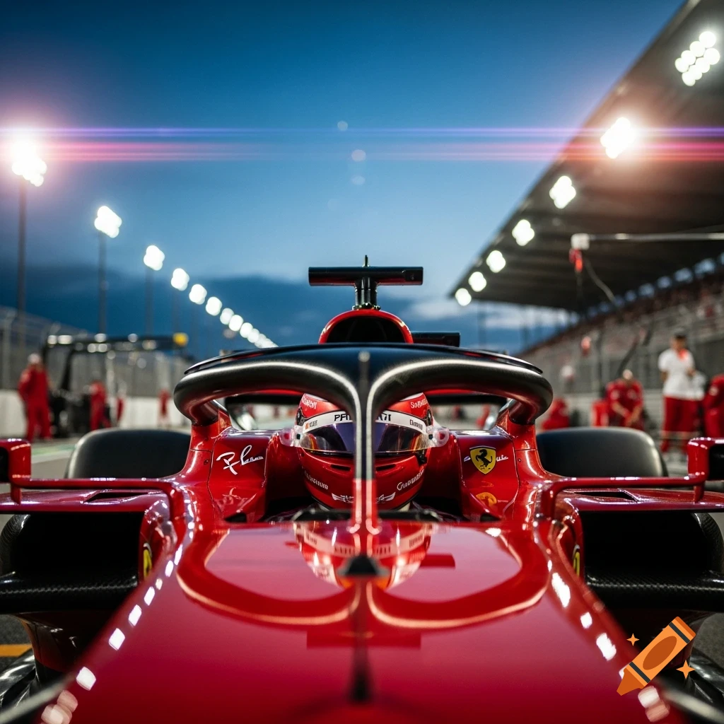 A low-angle, hyperrealistic photo of a red Ferrari Formula 1 car with a driver in the cockpit on a racetrack at dusk.