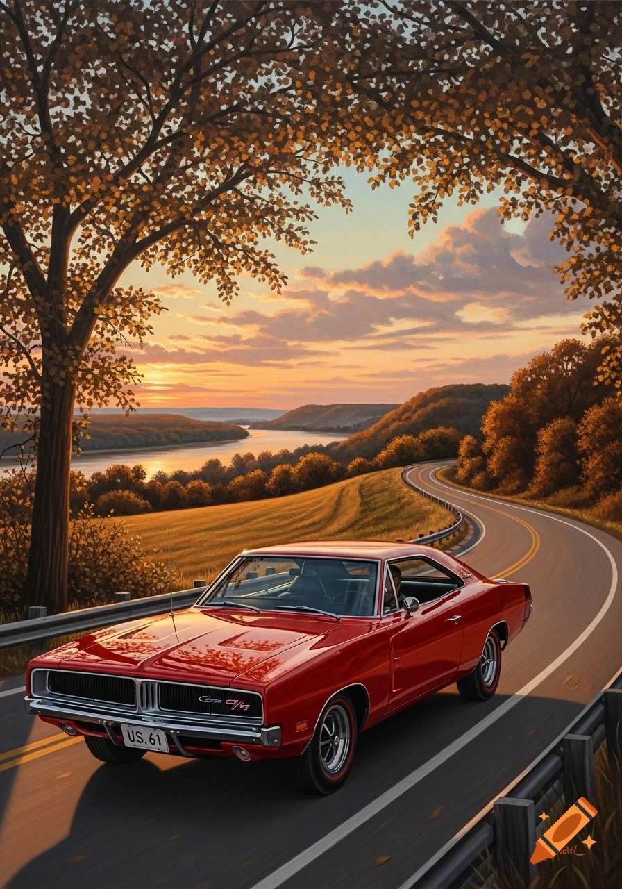 Red 1969 Dodge Charger R/T on a winding road through an autumn landscape at sunset, painted in an oil painting style.