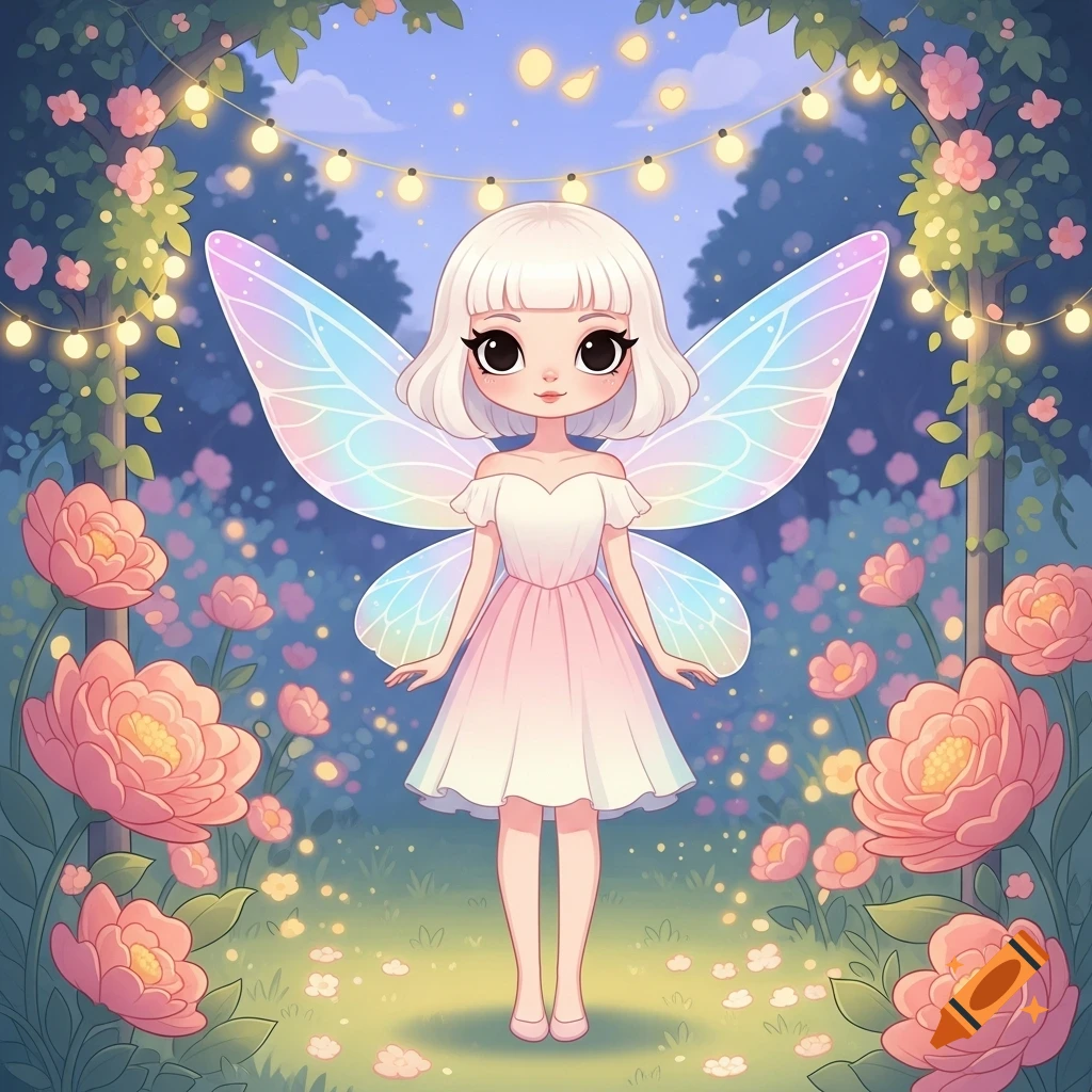 A cartoon fairy with white hair, large eyes, and iridescent wings stands in a magical garden filled with pink flowers and string lights.