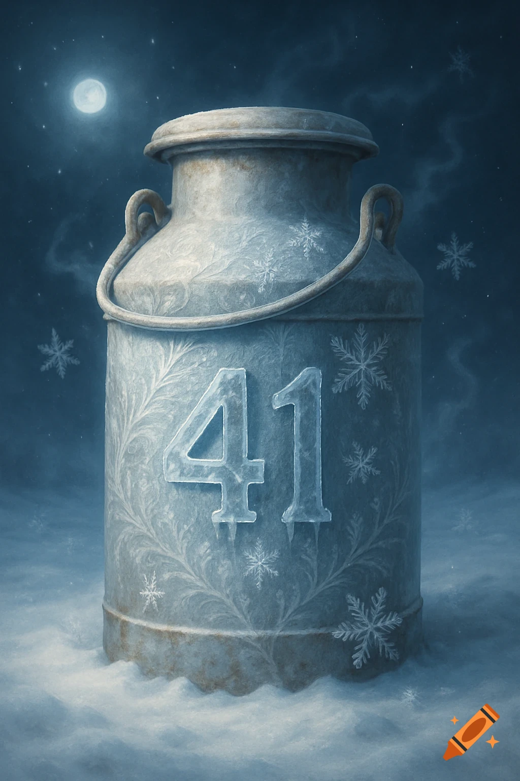 A frosty, ice-covered metal milk can with the number '41' on its side, surrounded by snow and snowflakes under a full moon at night.