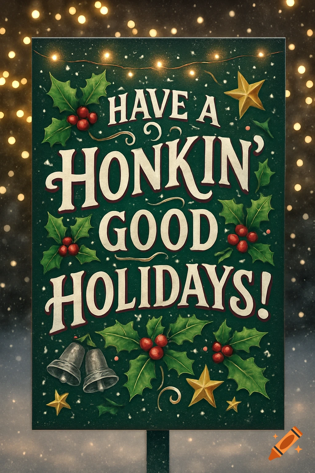 A festive green sign reads 'Have a Honkin' Good Holidays!' decorated with holly, berries, bells, and golden stars, against a bokeh light background.