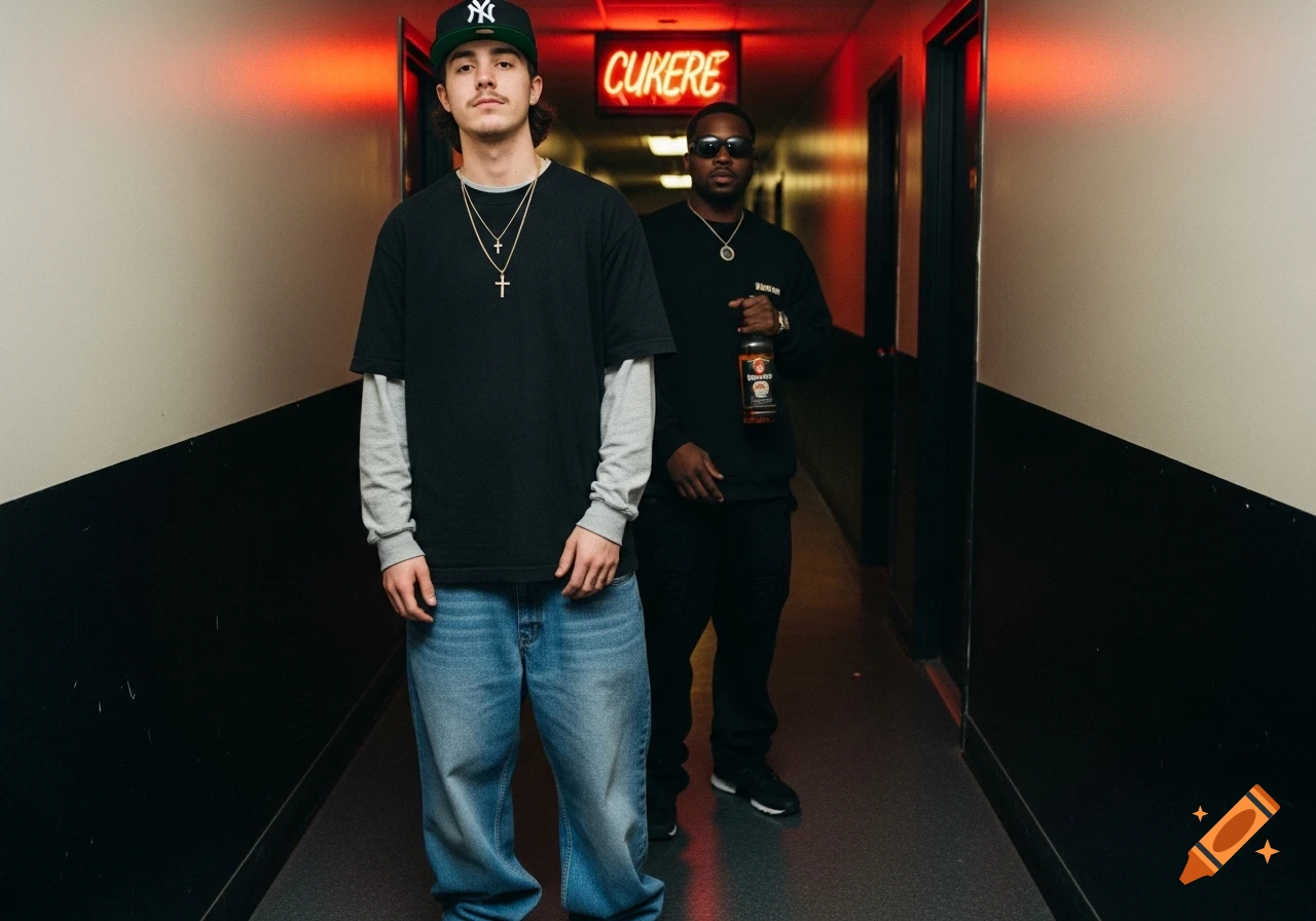 Two men in casual attire stand in a dark, red-lit hallway with a neon sign. One wears a cap and crosses, the other holds a bottle.