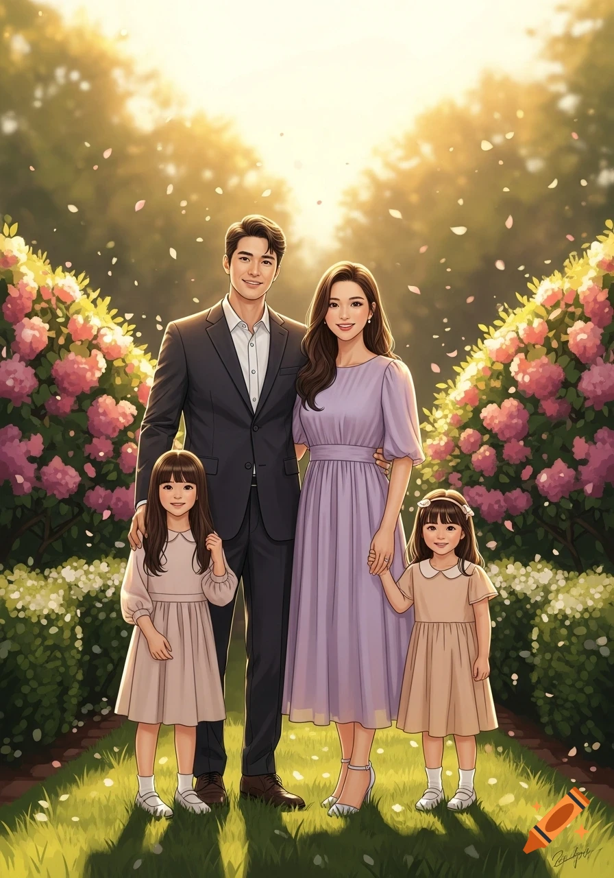 Illustrative family portrait of parents and two young daughters smiling in a sunlit garden with pink flowers and falling petals.