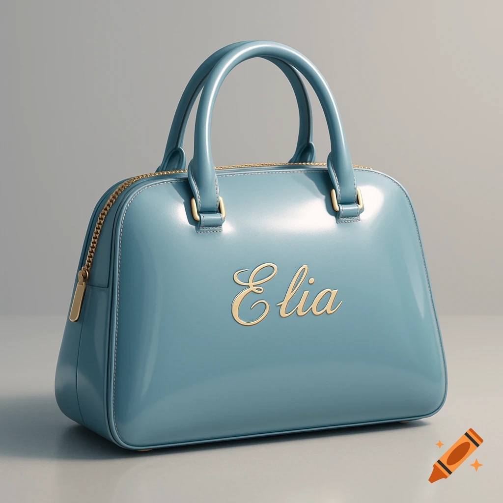 A light blue shiny handbag with two handles, a gold zipper, and 'Elia' in gold script on the front.
