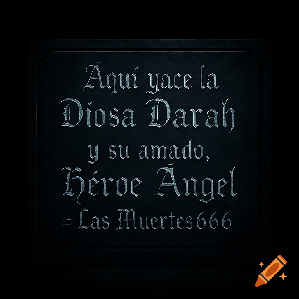 A dark, ominous grave name plate with ornate, chiseled white text in Spanish, reading "Aqui yace la Diosa Darah y su amado, Héroe Ángel = Las Muertes666"