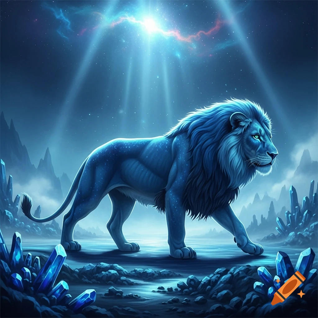 A majestic blue fantasy lion with a glowing mane walks through a crystal-filled landscape under a cosmic sky with bright light rays.