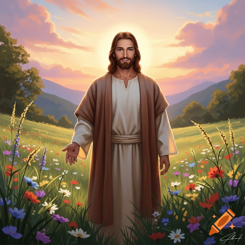 Jesus Christ with a halo, standing in a vibrant field of wildflowers under a colorful sunset sky.
