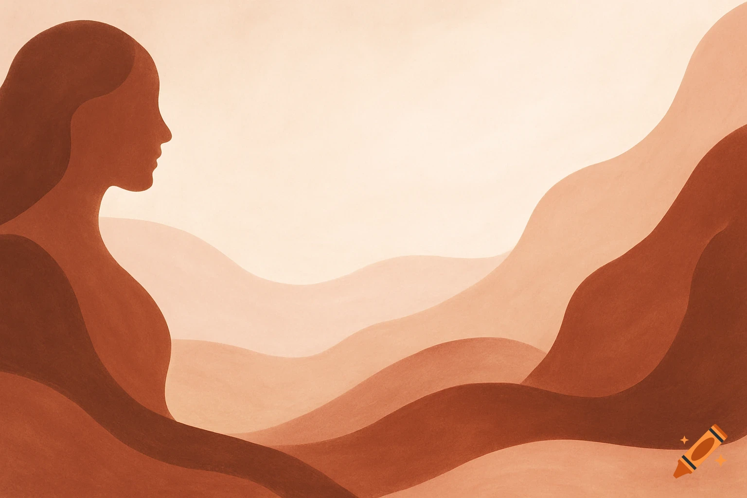 Abstract illustration of a woman's profile silhouette with flowing, layered brown and beige wave-like shapes.
