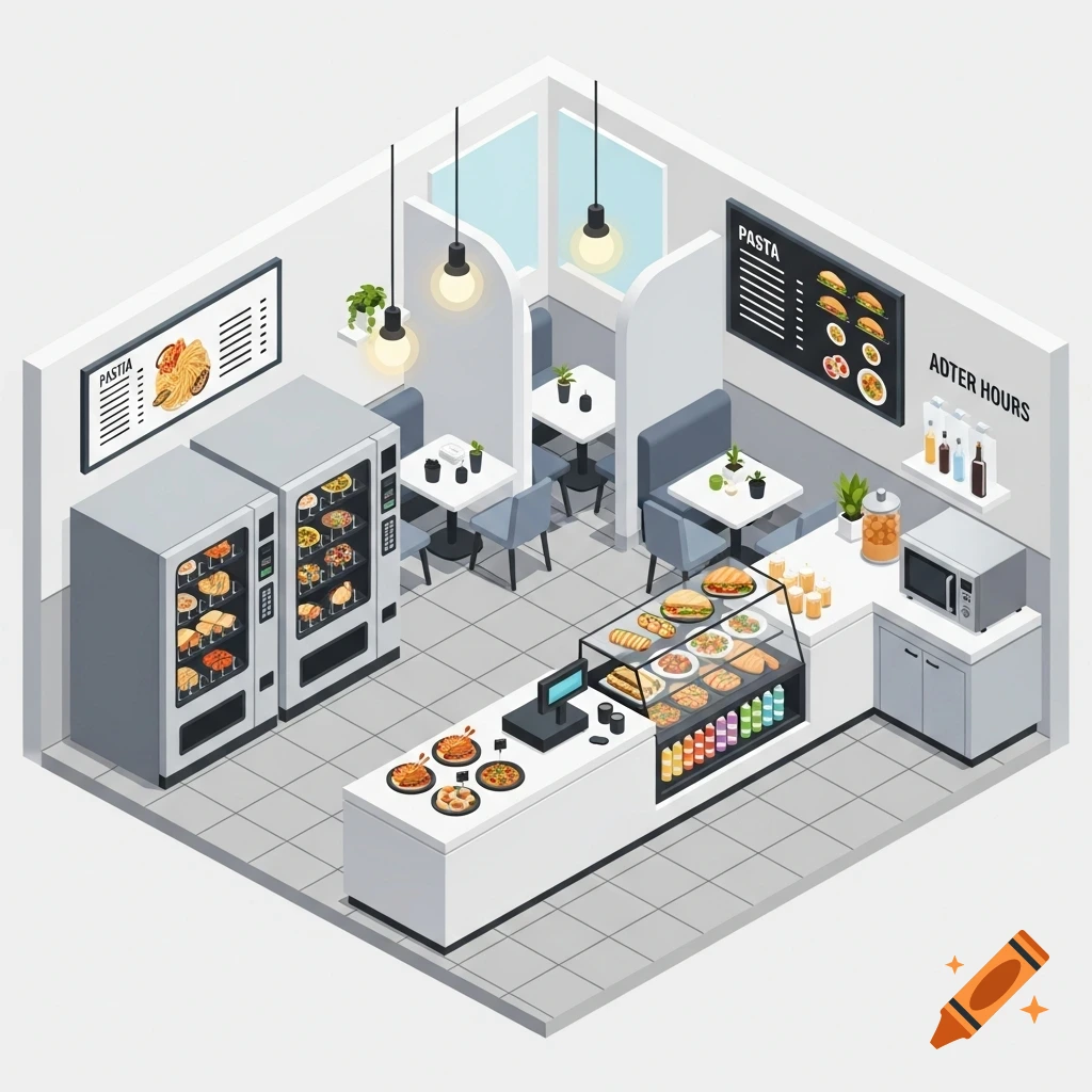 Isometric vector illustration of a clean cafe interior with food display, seating, and two vending machines.