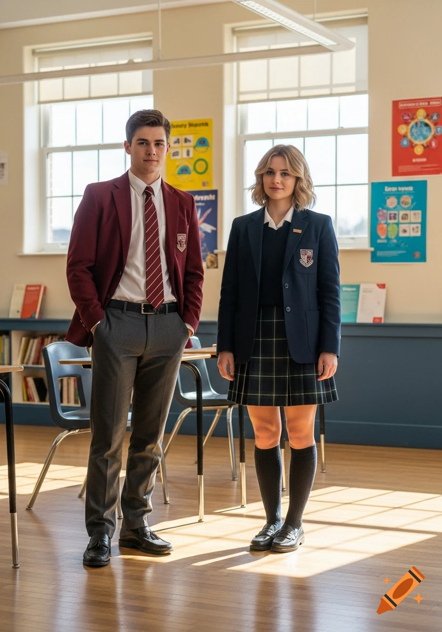 Two high school students, a male and a female, stand in uniform at the front of a sunlit classroom.