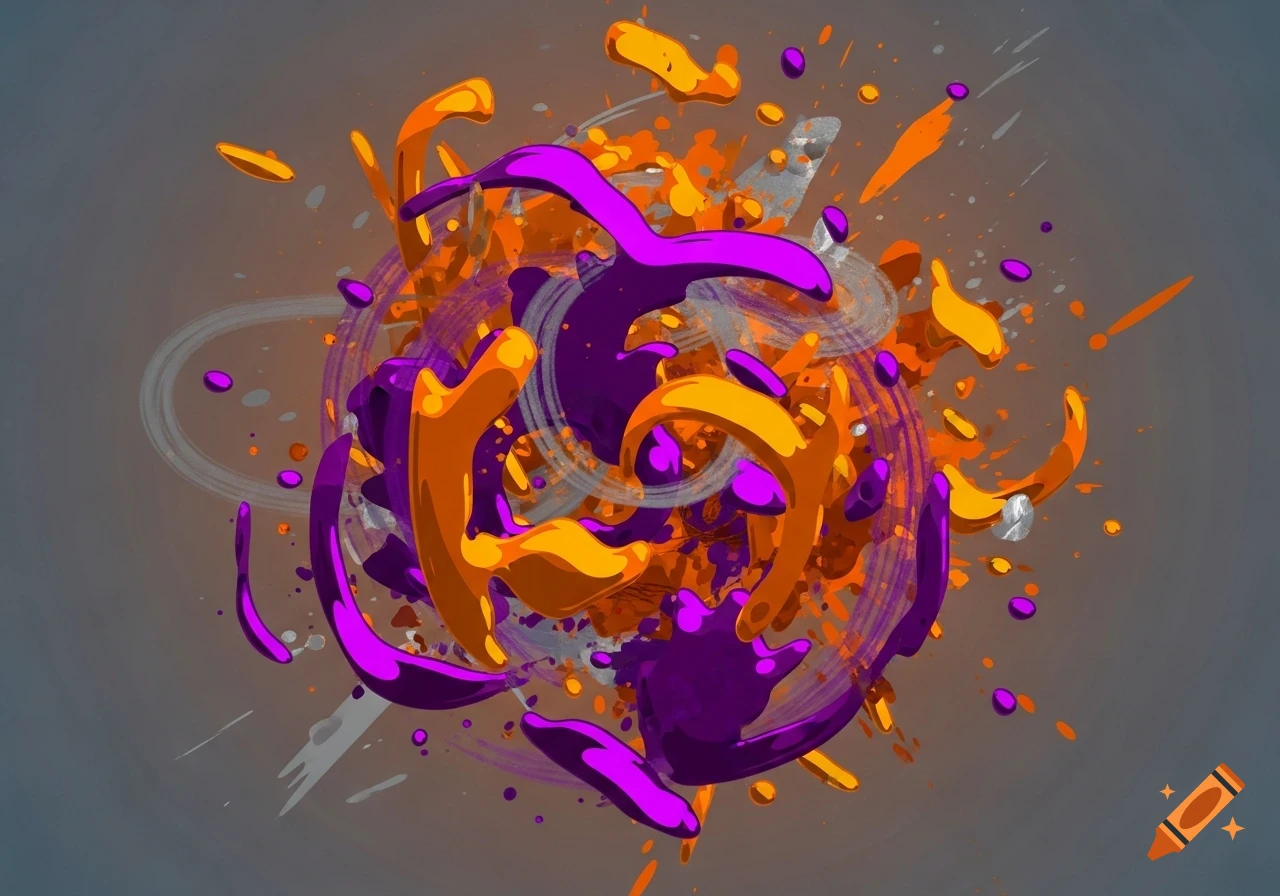 Dynamic abstract composition with swirling and splashing forms in vibrant purple and orange against a grey background.