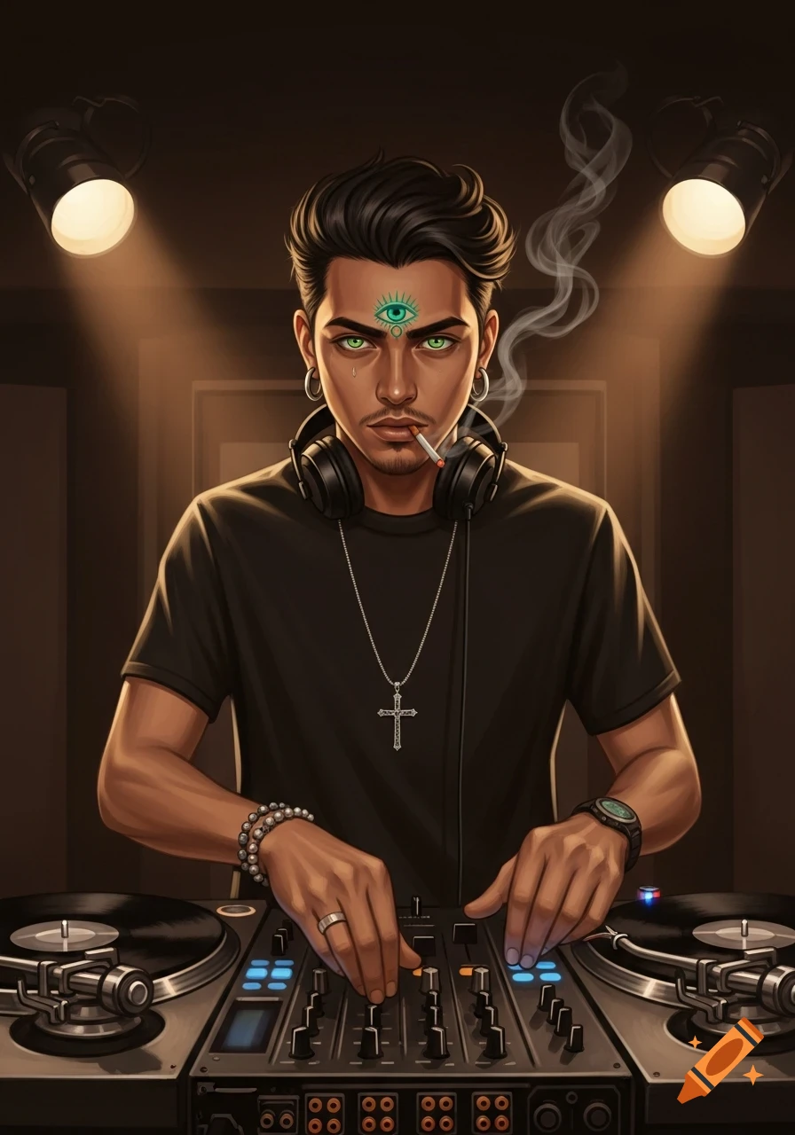Stylized illustration of a male DJ with green eyes and a teal third eye, wearing headphones and a cross necklace, smoking a cigarette while mixing on turntables.