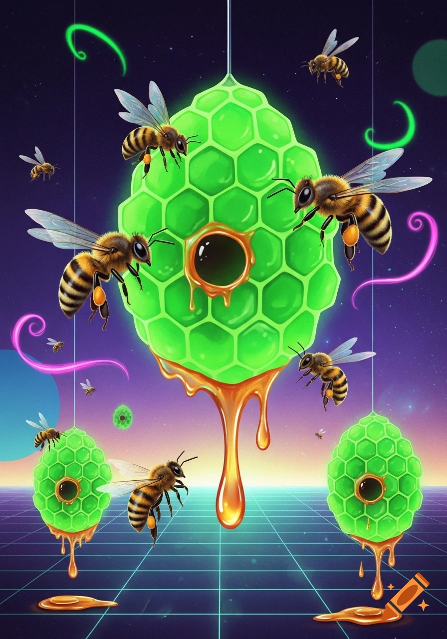 Several bees fly around glowing neon green honeycombs dripping golden honey in a purple synthwave grid landscape.