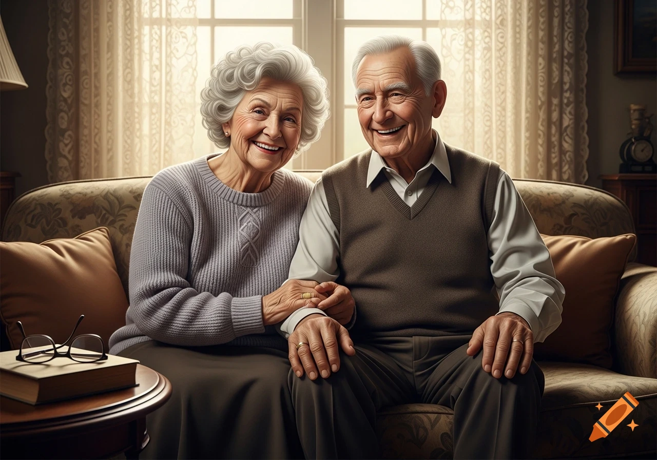 A photorealistic image of a happy elderly couple with white hair, sitting closely on a patterned couch, smiling warmly at the viewer.
