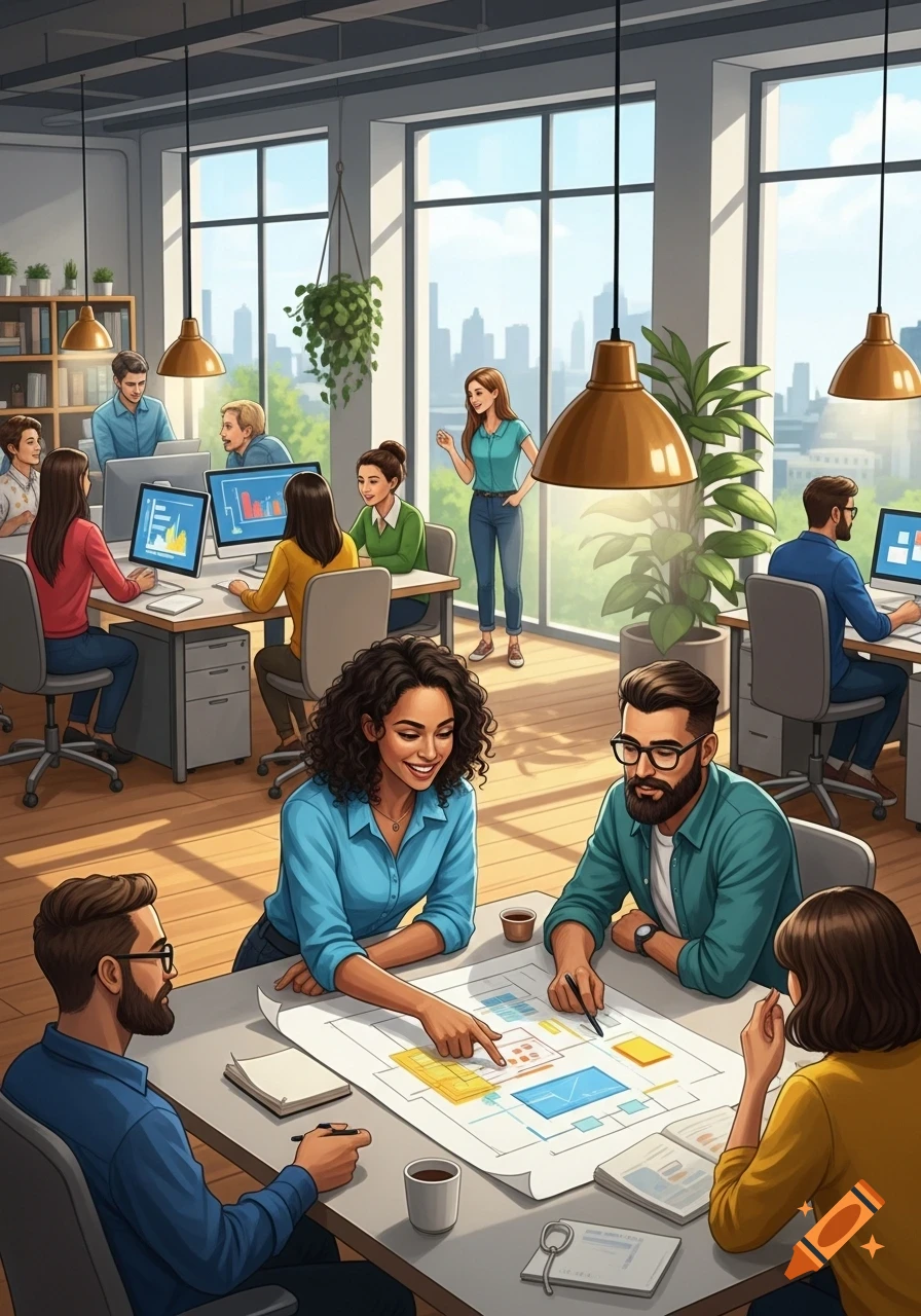 An animated illustration shows coworkers collaborating in a vibrant, modern open-plan office.