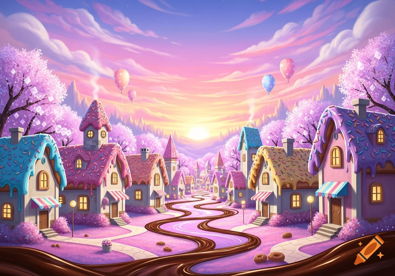 A whimsical candy land village with houses resembling frosted donuts, a chocolate river, pink trees, and balloons under a colorful sunset sky.