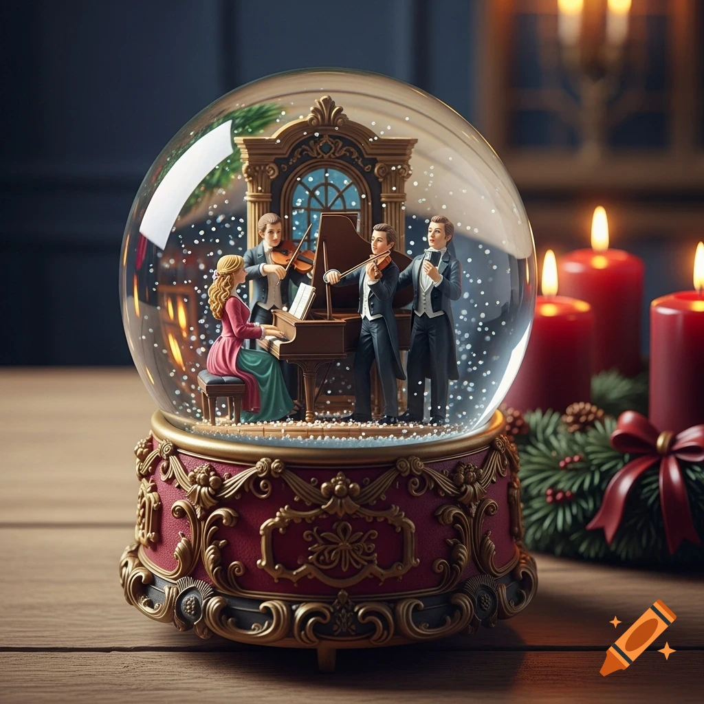 A decorative snow globe with a classical quartet inside, featuring a pianist, two violinists, and a singer. An Advent wreath with red candles sits nearby.