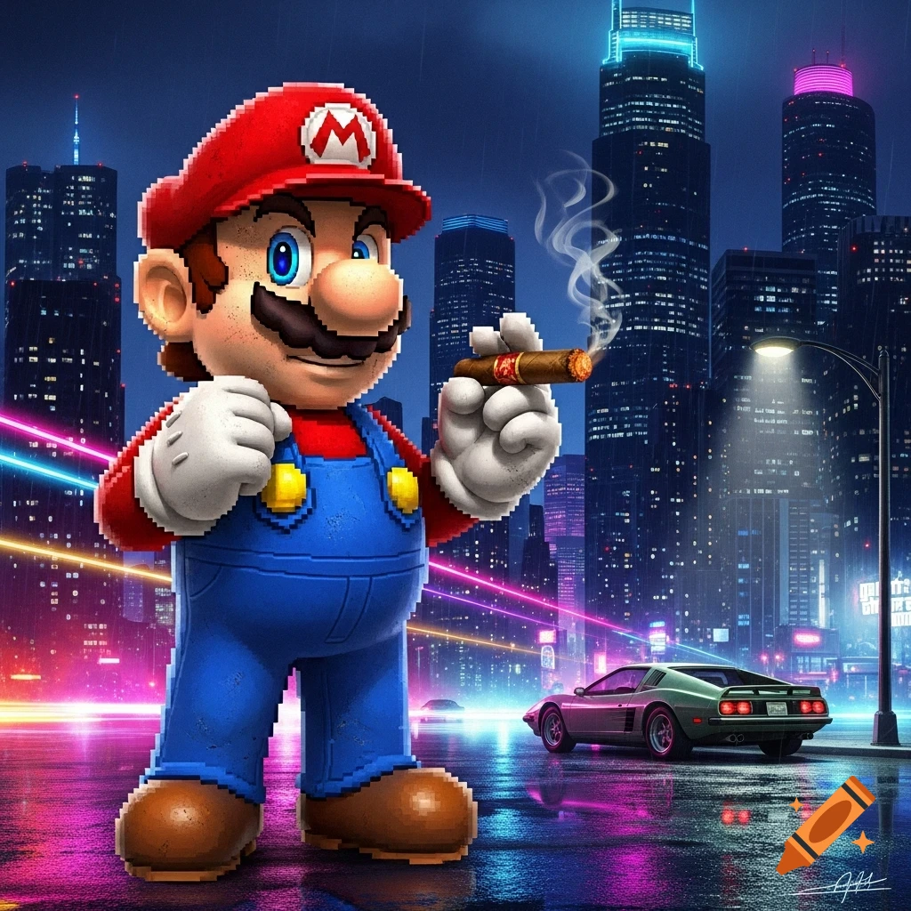 Pixelated Mario holds a lit cigar in a rainy, neon-lit cyberpunk city street with a sports car.