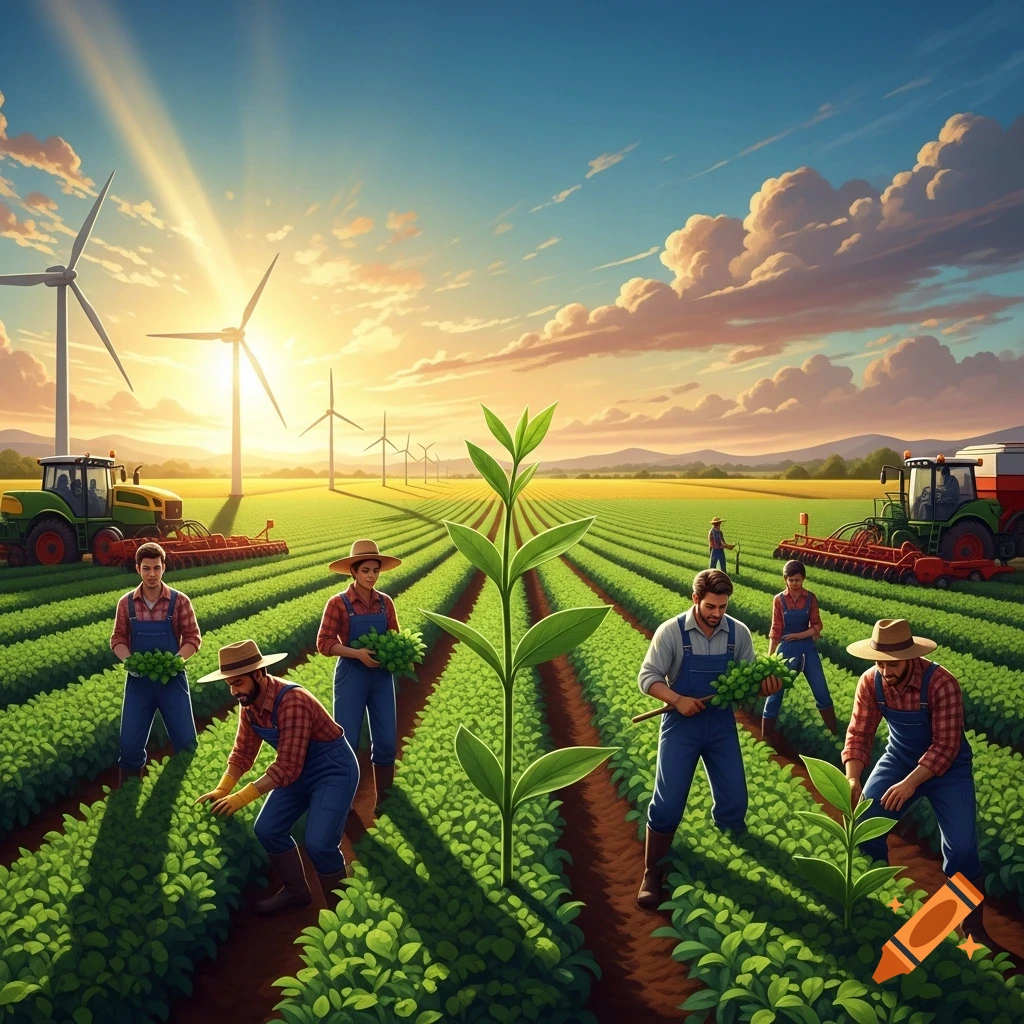 Farmers harvest crops in a vibrant, stylized field at sunrise with wind turbines and tractors.