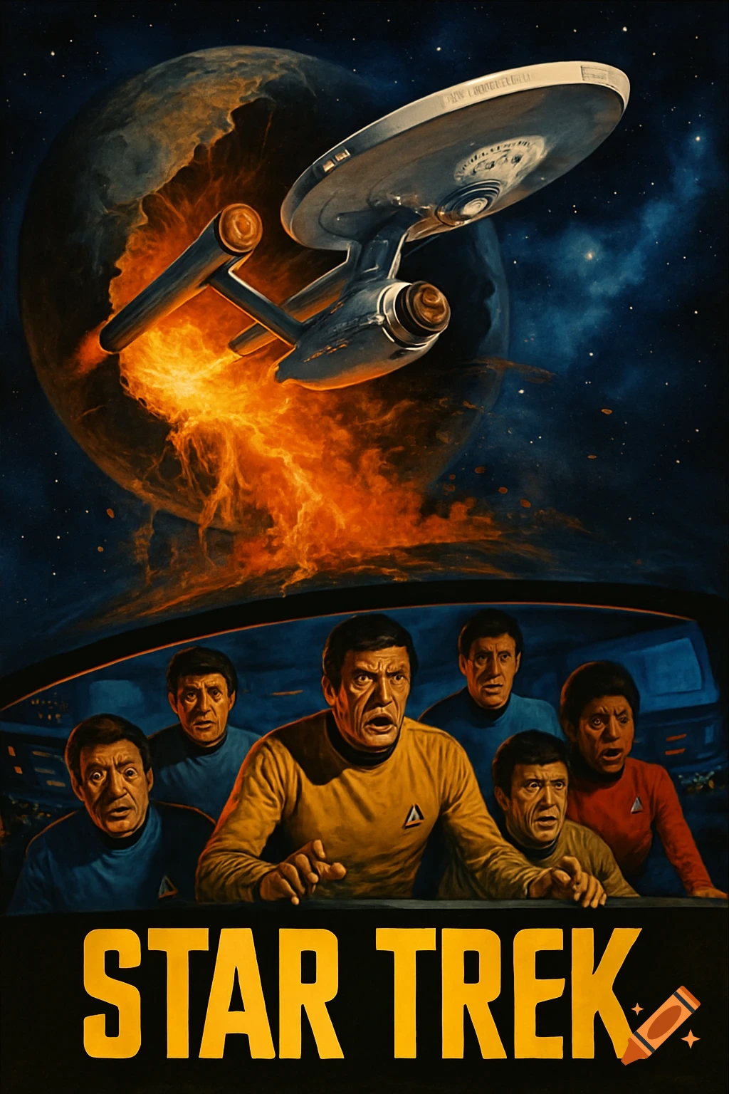 A retro-style Star Trek movie poster showing the USS Enterprise escaping an exploding planet, with the panicked crew on the bridge below. Text reads "STAR TREK".